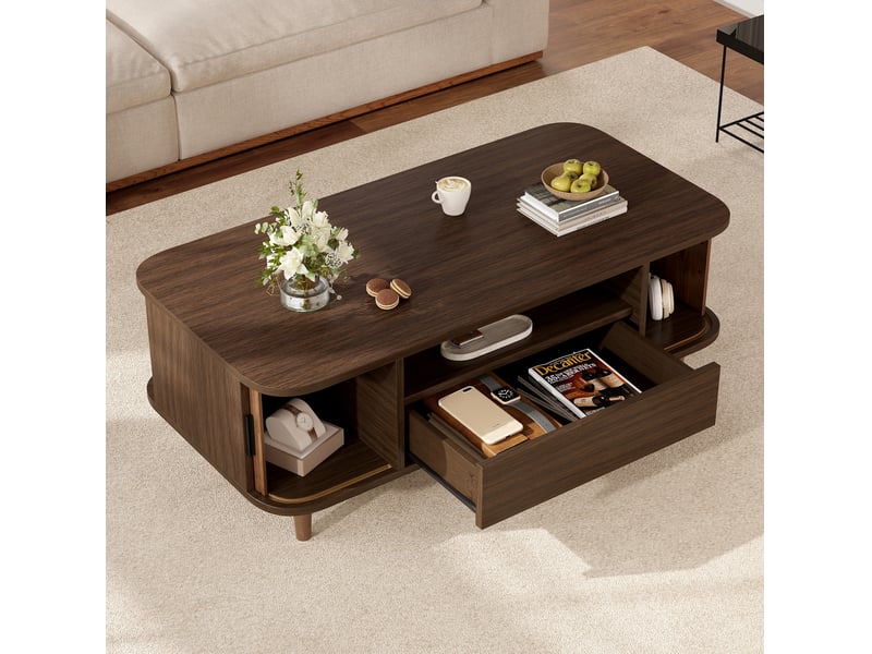 Table basse avec 1 tiroir, 2 portes à rideau et 1 niche ouverte, pieds en bois, finition noyer pour salon - Conforama B