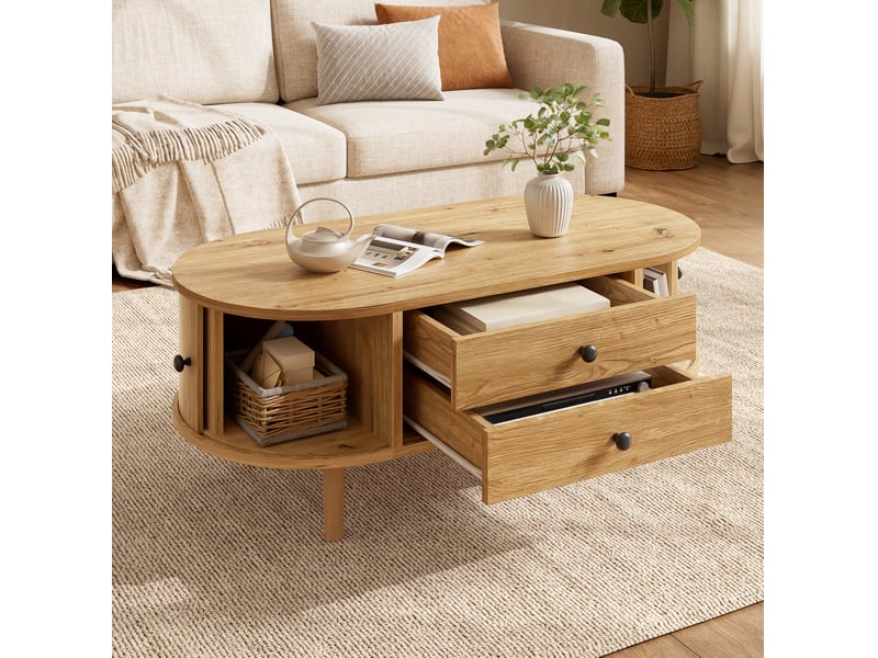 Table basse ovale avec 2 tiroirs et portes coulissantes, rangement fermé, style moderne rétro pour salon en mdf, chêne - Conforama B