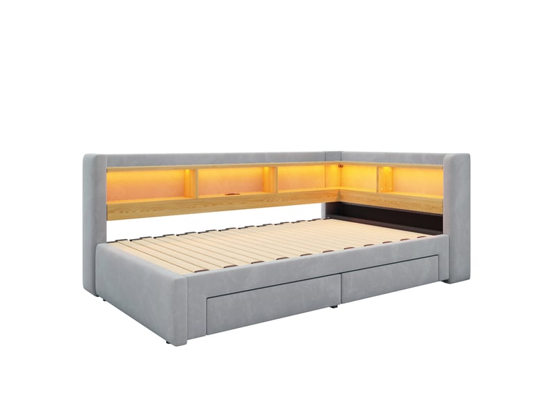  Lit gigogne extensible fermé 90x200 ouvert 180x200 cm, tiroirs rangement, led prise, velours gris sans matelas  - Conforama A