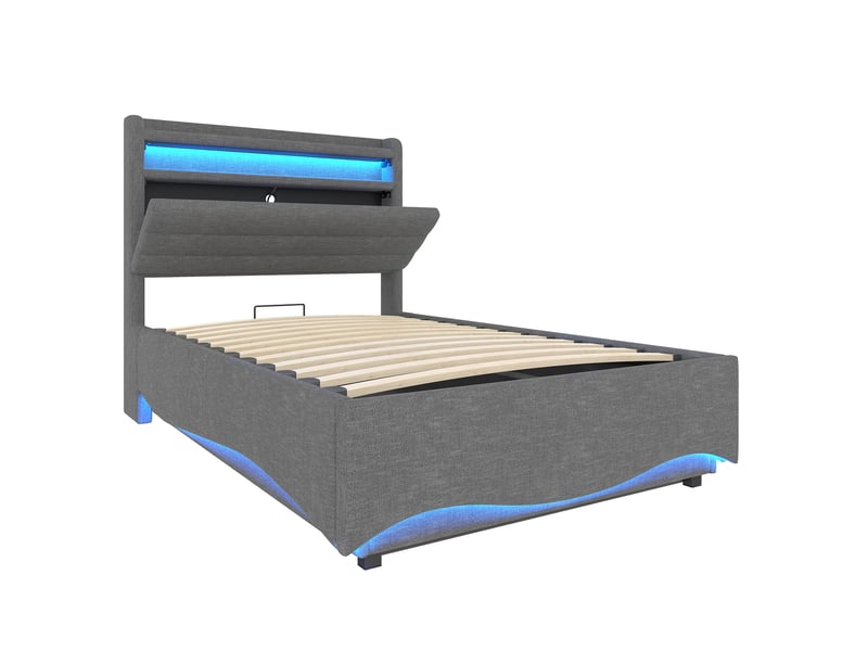  Lit coffre 90x200 cm en lin gris avec led, usb et type-c, tête de lit avec rangement  - Conforama E