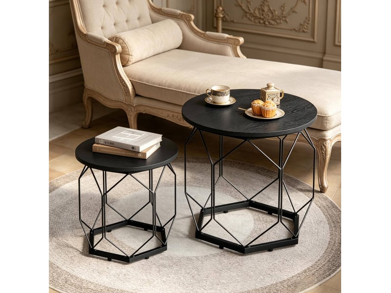 Lot de 2 tables basses rondes noires en bois et métal  - Conforama D