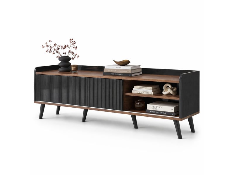  Meuble tv 160 x 40 x 58 cm, 2 portes coulissantes, 2 tiroirs, noir et bois  - Conforama A