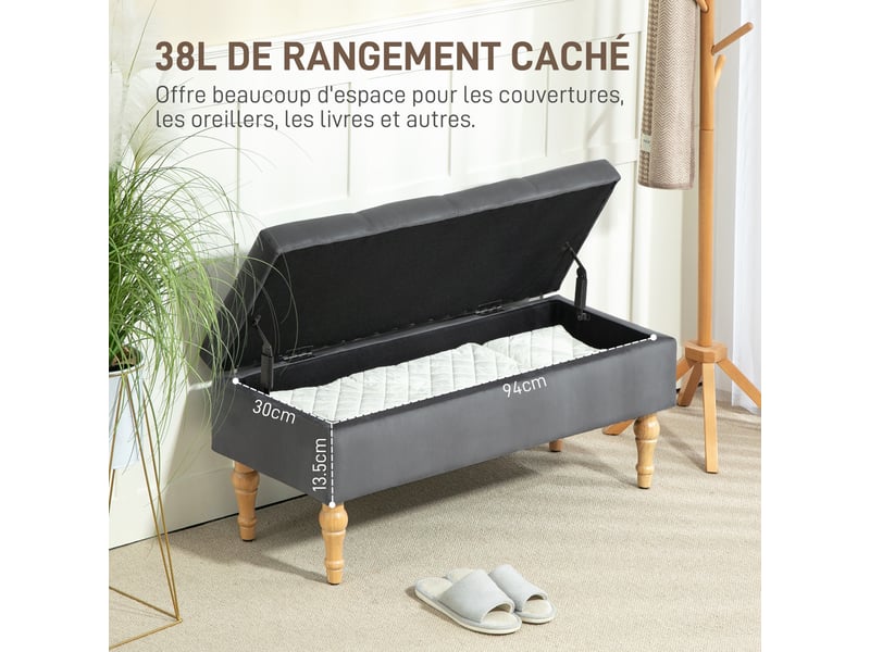  Banc coffre de rangement 2 en 1 banquette en velours avec pieds en bois et couvercle à charnière capitonné, gris foncé  - Conforama A