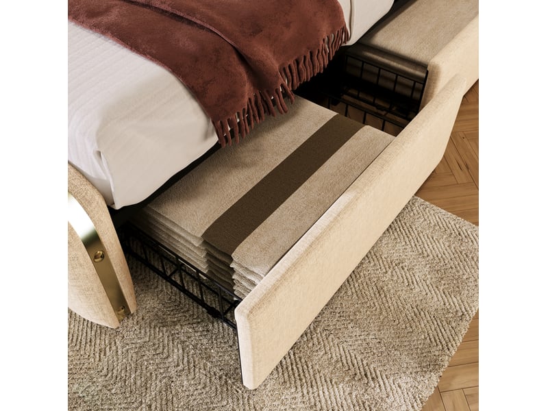  Lit double 160x200 cm en tissu beige, tête capitonnée avec usb-c et 4 tiroirs, style moderne  - Conforama E