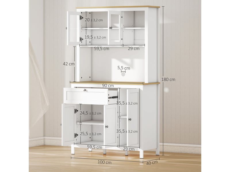  Buffet de cuisine haut à 5 portes, dont 2 portes vitrées et 1 tiroir, 1 niche centrale – hauteur 180 cm, blanc  - Conforama E