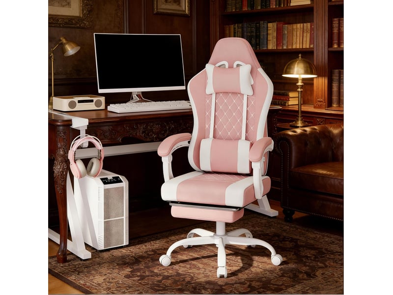 Chaise de bureau gaming rose et blanche avec massage usb, repose-pieds et dossier inclinable de 90° à 145° - Conforama E