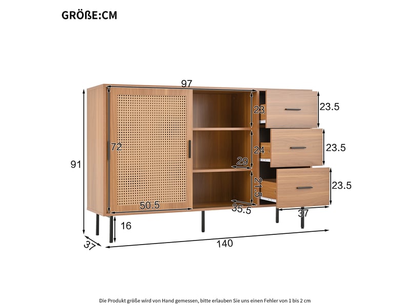  Buffet avec 2 portes coulissantes en rotin, 3 tiroirs et 3 étagères, en panneaux de particules, naturel, 140 × 37 × 91 cm  - Conforama D
