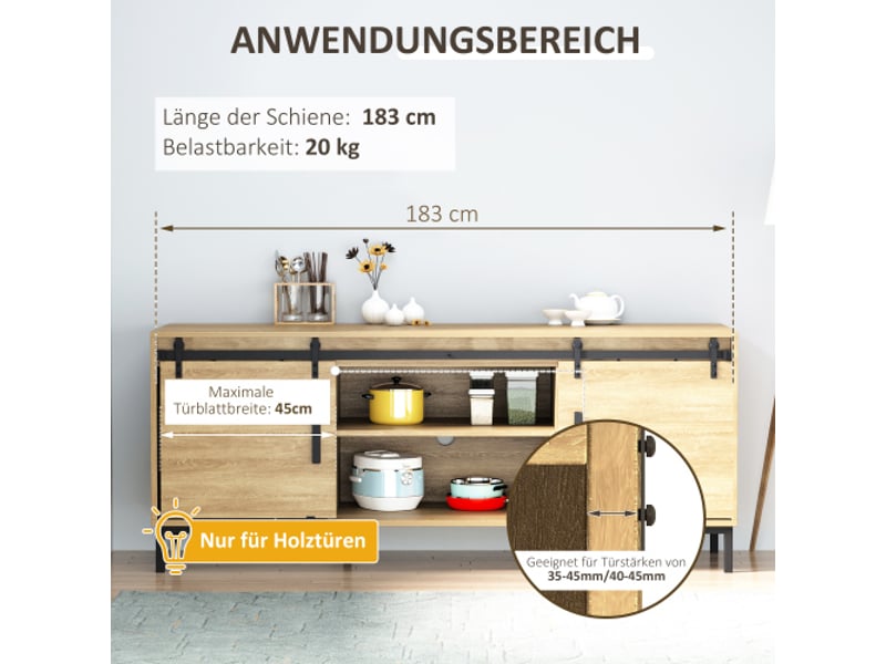 Système de porte coulissante double en bois en acier carbone noir 183x0,6x18 cm avec rail et accessoires, design moderne intérieur - Conforama D