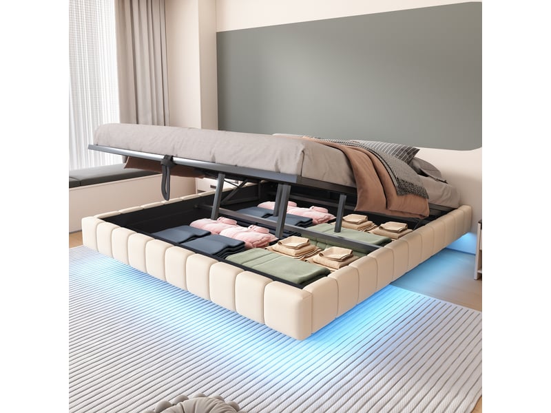 Lit coffre 180x200 cm beige lin, sommier relevable hydraulique, tête de lit led, structure tapissée - Conforama B