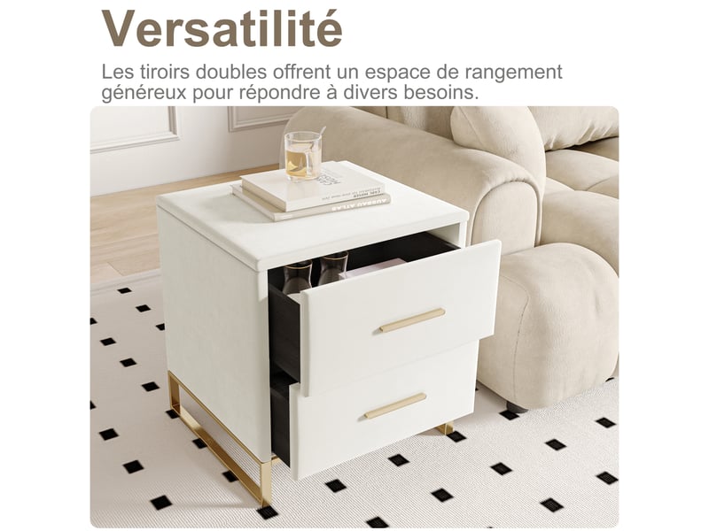  Lot de 2 table de chevet avec 2 tiroirs,table d’appoint de chevet,pieds dorés, blanc,40x40x50 cm  - Conforama E