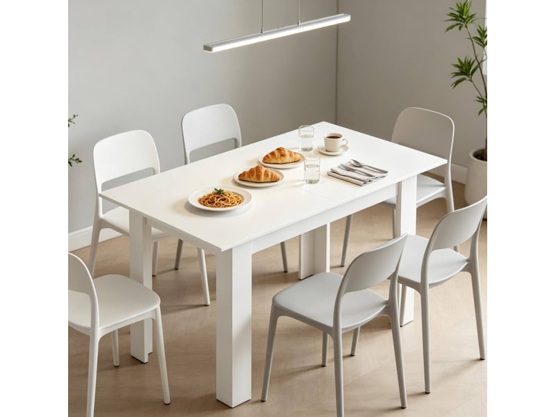 Table de salle à manger extensible pour 6 à 8 personnes avec rallonge, plateau en mélaminé, mdf et acier, blanc - Conforama B