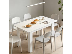 Table de salle à manger extensible pour 6 à 8 personnes avec rallonge, plateau en mélaminé, mdf et acier, blanc