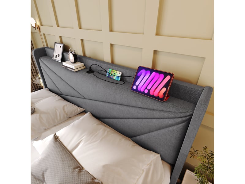  Lit double coffre 160x200 cm avec tête de lit usb et type-c gris  - Conforama E