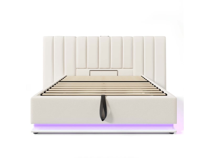  Lit 2 places 180x200 cm – blanc – coffre hydraulique, led connectée et recharge usb-c, sans matelas  - Conforama D
