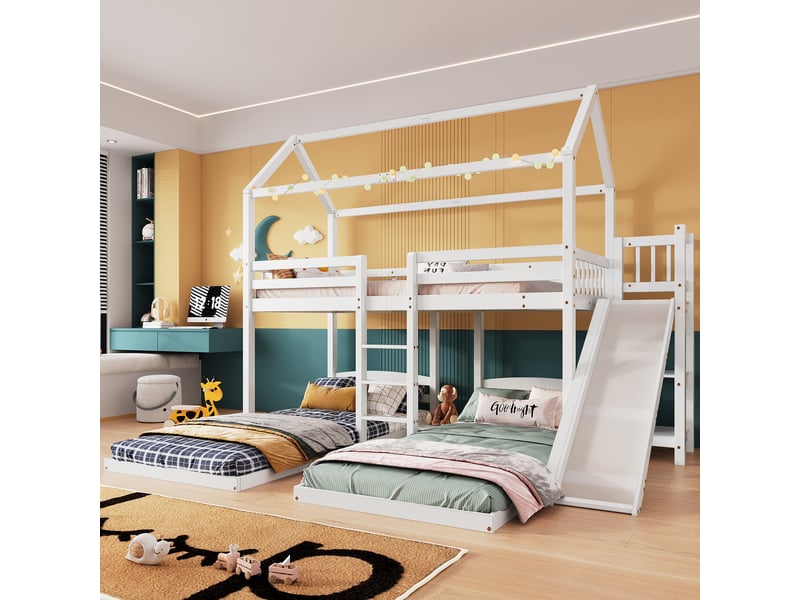  Lit superposé 90x200 cm - lit enfant 3 places avec toboggan et toit cabane, échelle de sécurité, mdf, blanc, sans matelas  - Conforama E