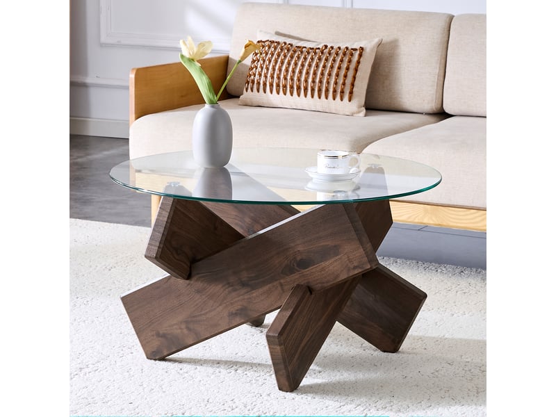  Table basse ronde en verre avec plateau en verre trempé de 8 mm, pieds croisés effet noyer, ø79 cm  - Conforama E