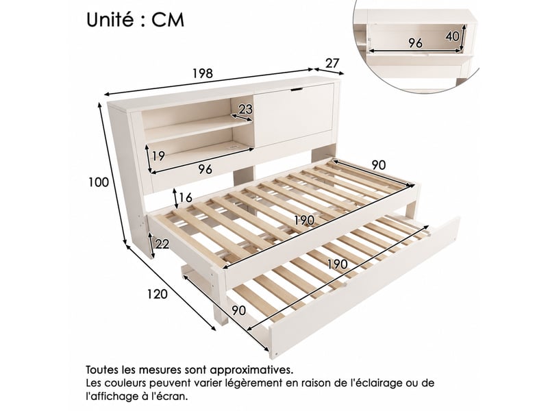 Lit gigogne 1 place en bois, rangement ouvert et fermé, usb et type-c, 90x190 cm, sans matelas, blanc  - Conforama D