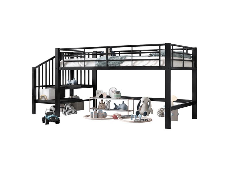  Lit surélevé enfant 90 x 200 cm avec escalier de rangement noir en métal  - Conforama A