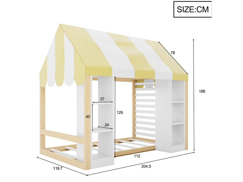  Lit enfant avec ciel de lit 90 x 200 cm, rangements ouverts, structure blanc et bois naturel  - Conforama E