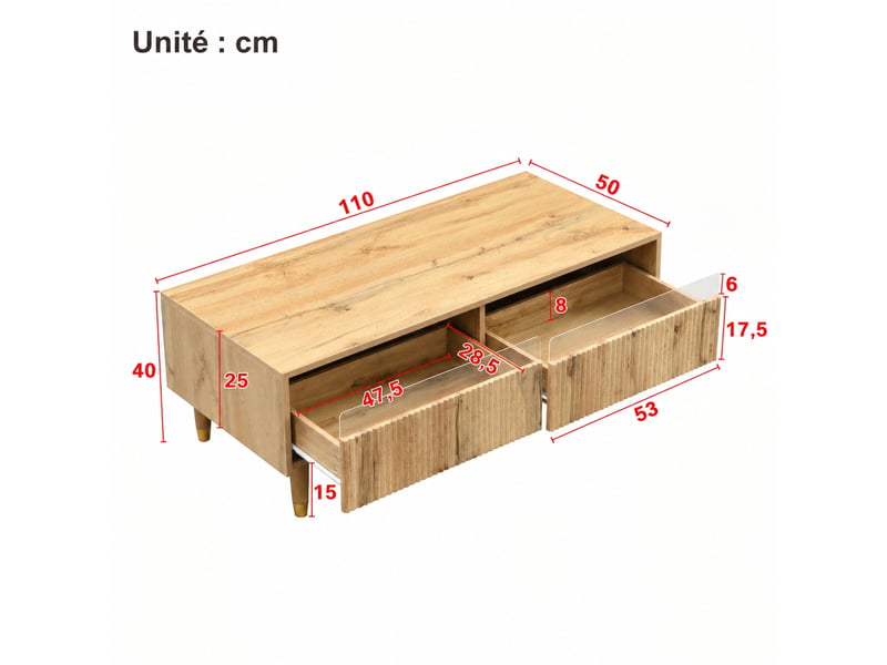  Table basse avec 2 tiroirs, éclairage led multicolore et finition bois, 110 x 50 x 40 cm  - Conforama C