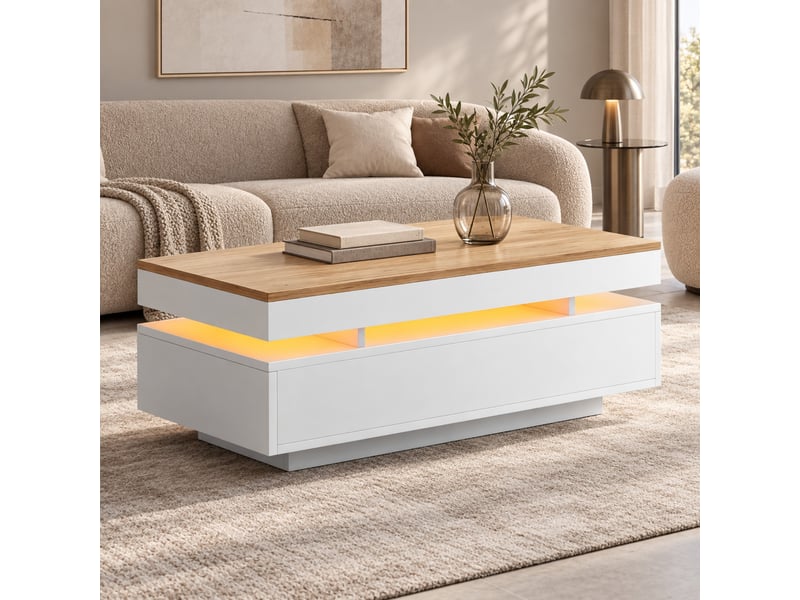 Table basse led blanc et bois avec 2 tiroirs, finition brillante, éclairage d’ambiance, 100x50x35 cm - Conforama D