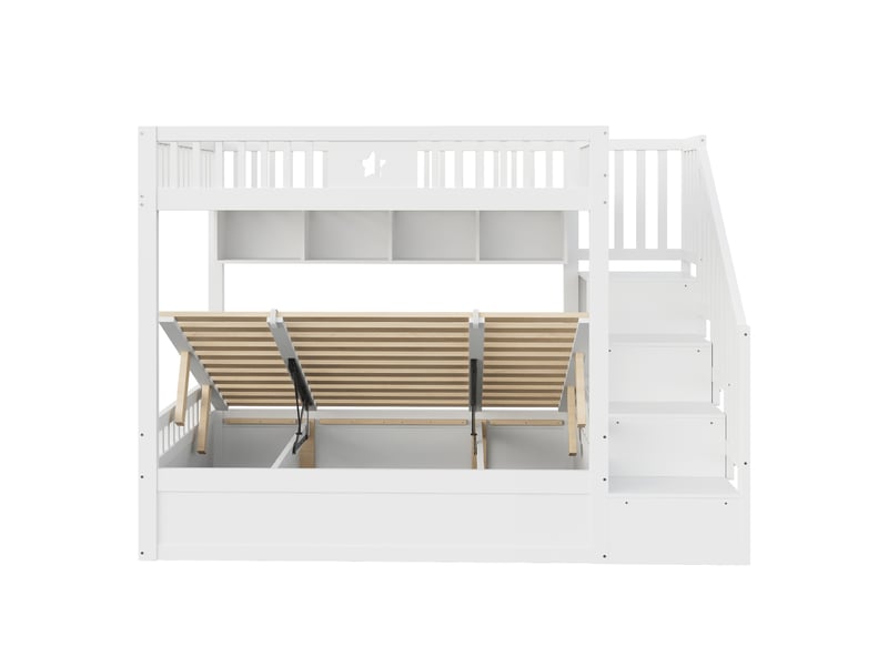  Lit superposé 140x200 cm avec couchage inférieur hydraulique, escalier de rangement et étagères, pour chambre ado, bois, blanc Sol Morn - Conforama E