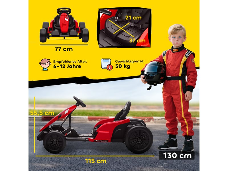  Kart électrique 24 v pour enfants, jusqu'à 18 kmh, avec fonction drift, équipé de 2 moteurs, siège réglable, rouge  - Conforama E