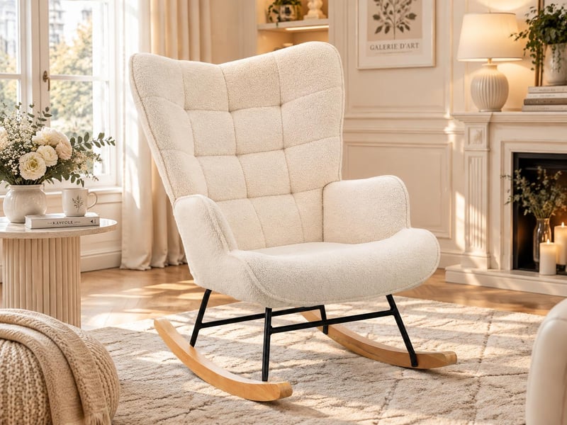  Beige teddy bear plush rocking chair, square tufted high-backed cushioned rocking chair with wooden rocking rod, suitable for bedroom, nursery, and living room.  - Conforama B