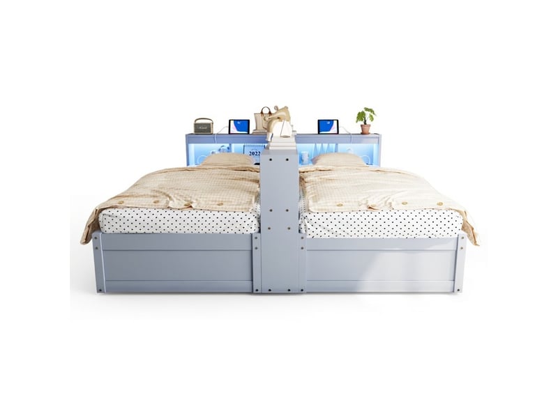  Lit coffre convertible 90x200 cm 180x200 cm avec rangement prise euro led mécanisme hydraulique bois gris  - Conforama A