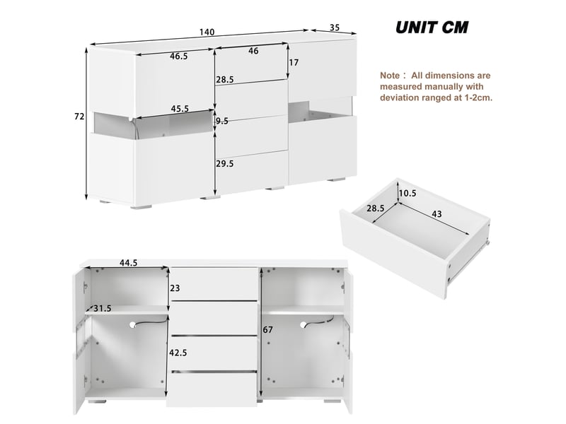  Buffet meuble tv blanc à led, 2 portes acryliques et 4 tiroirs - 140 x 35 x 72 cm  - Conforama E