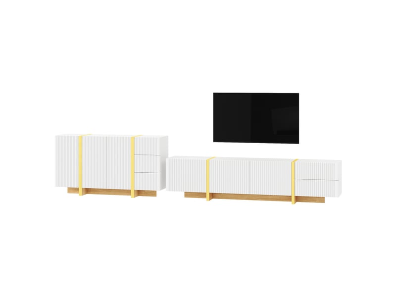  Ensemble meuble tv et buffet blanc en panneaux de particules et mdf, façades rainurées  - Conforama A