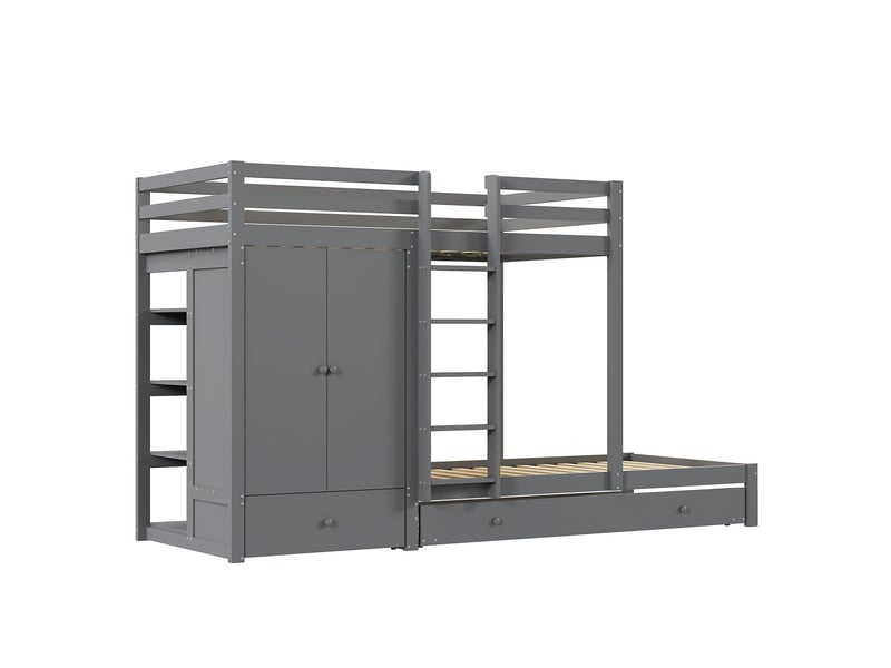  Lit superposé enfant 90 x 200 cm bois massif couchage coulissant armoire intégrée tiroirs intégrés compartiment de rangement gris  - Conforama A