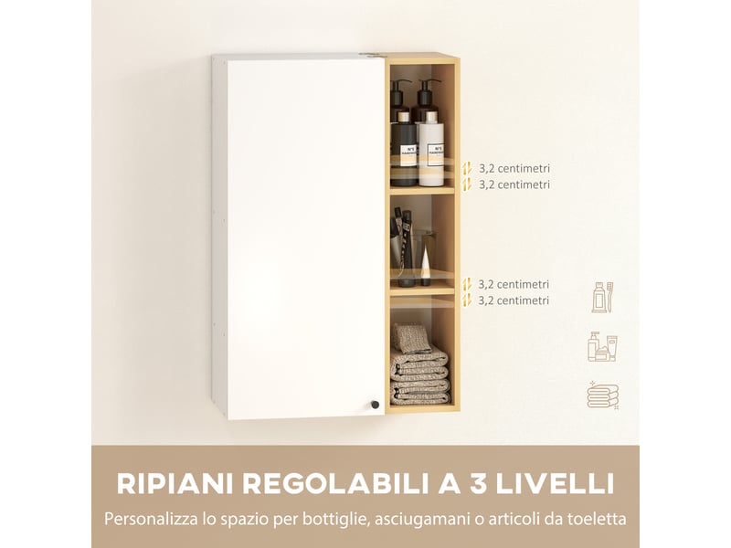  Meuble de salle de bain mural avec étagères réglables et 3 étagères ouvertes, 59,5 x 30 x 90 cm, blanc et bois  - Conforama E