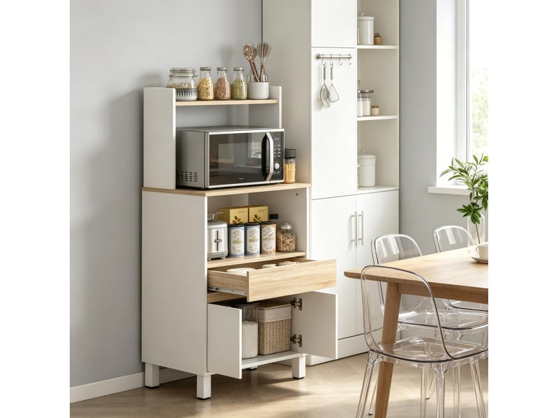 Meuble micro-ondes sur pied avec placard, rangements de porte et étagères ouvertes - Conforama D