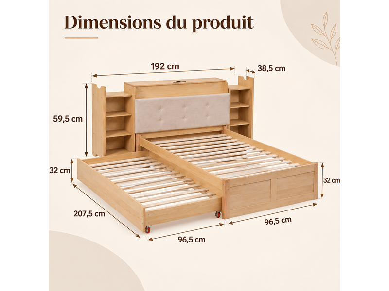  Lit gigogne enfant 90x200 cm extensible en 180x200 cm, tête de lit avec bibliothèque, roulettes, bois massif et mdf bois naturel OMNIGLINT TRADING LTD - Conforama C