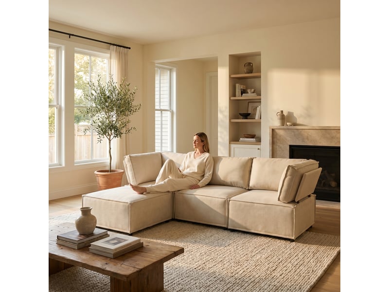  Canapé modulable beige convertible 4 places - en lin sans accoudoirs - assise mousse et ressorts  - Conforama B