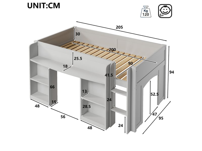 Lit mezzanine 90x200 cm enfant, lit simple avec bibliothèque intégrée, étagères ouvertes, led multicolore, espace de jeu sous le lit, bois mdf, gris - Conforama D
