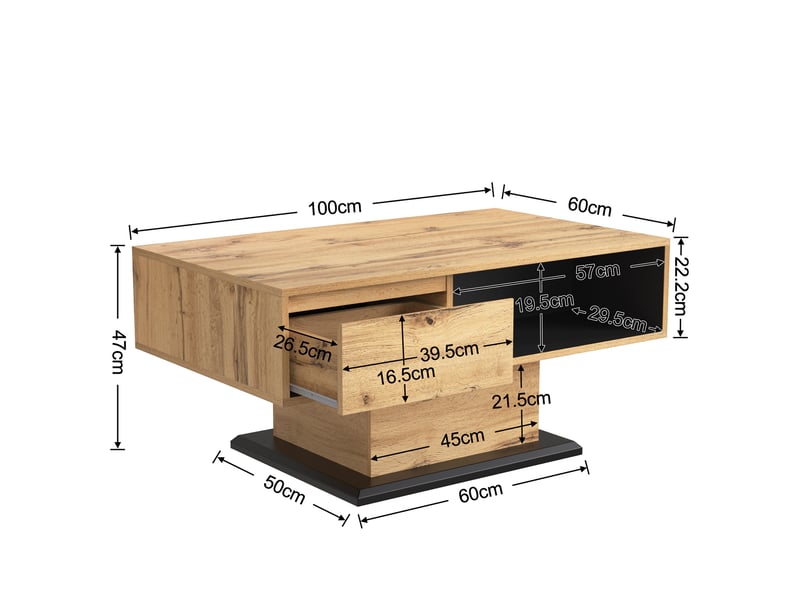  Table basse avec tiroir et rangement double face – décor chêne et anthracite – 100 x 60 x 47 cm  - Conforama D