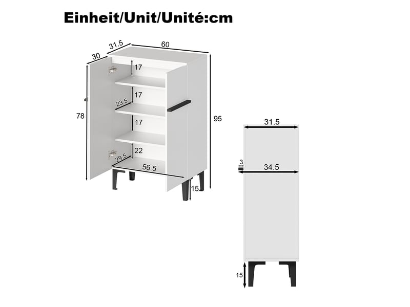  Meuble à chaussures 60x34,5x95 cm, 2 portes et étagères réglables, grand rangement, rangement pour entrée et couloir - noir et blanc  - Conforama C
