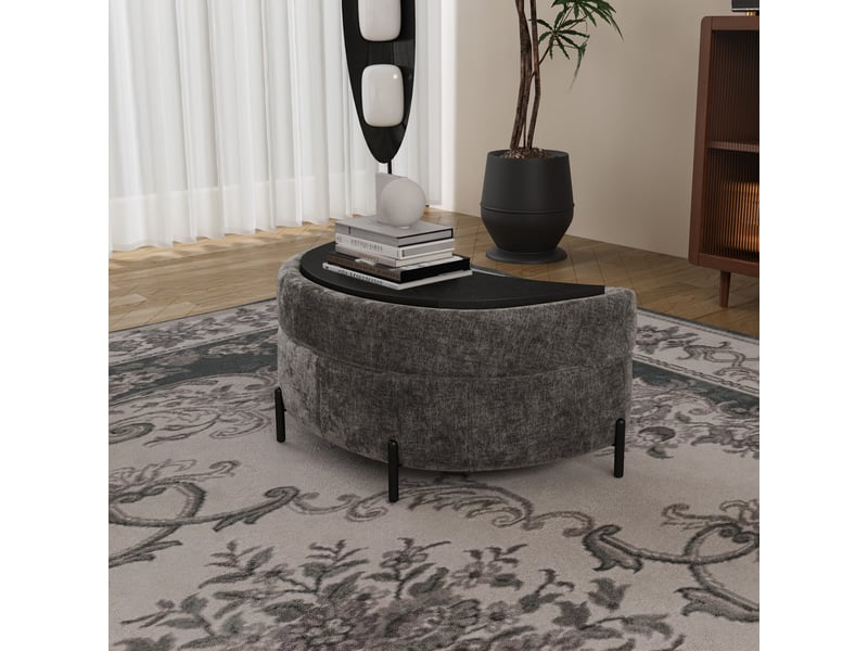  Pouf demi-lune en chenille gris avec plateau, siège rembourré et repose-pieds  - Conforama B