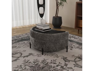 Pouf demi-lune en chenille gris avec plateau, siège rembourré et repose-pieds