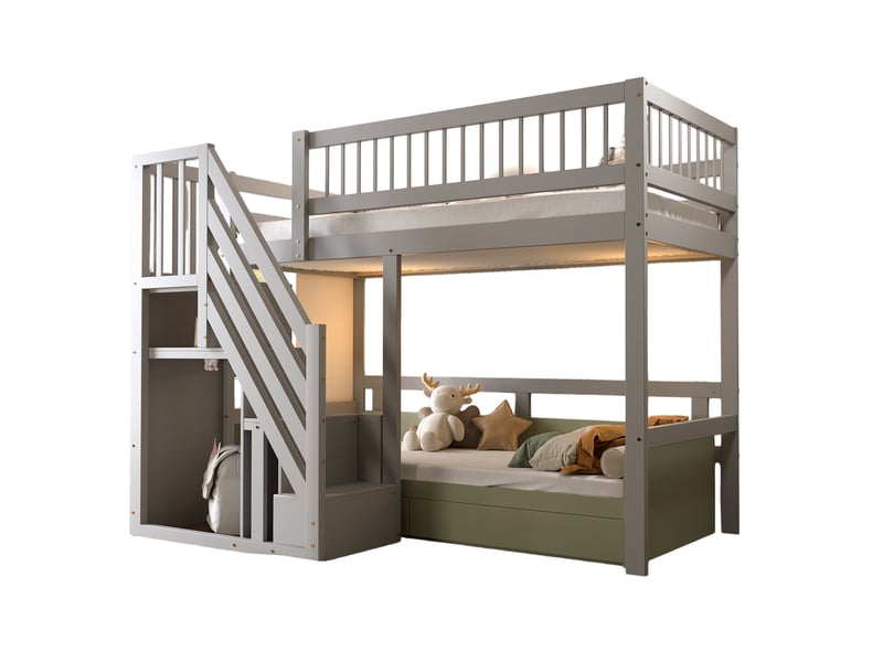 Lit superposé 90x200 cm - lit simple enfant avec échelle, rangement intégré et montage complet, pin et mdf, sans matelas - gris - Conforama A