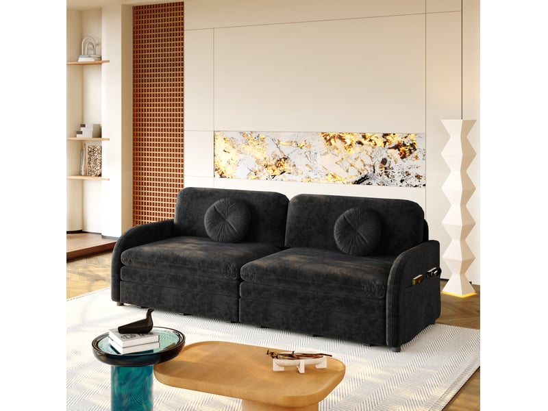  Canapé droit convertible 3 places noir en tissu, couchage 3-en-1 avec rangements latéraux pratiques  - Conforama B