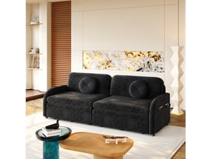 Canapé droit convertible 3 places noir en tissu, couchage 3-en-1 avec rangements latéraux pratiques