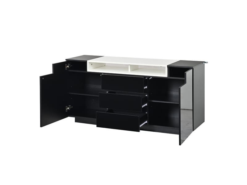  Buffet noir brillant 140 cm avec led - 2 portes 3 tiroirs - meuble salon de rangement  - Conforama W