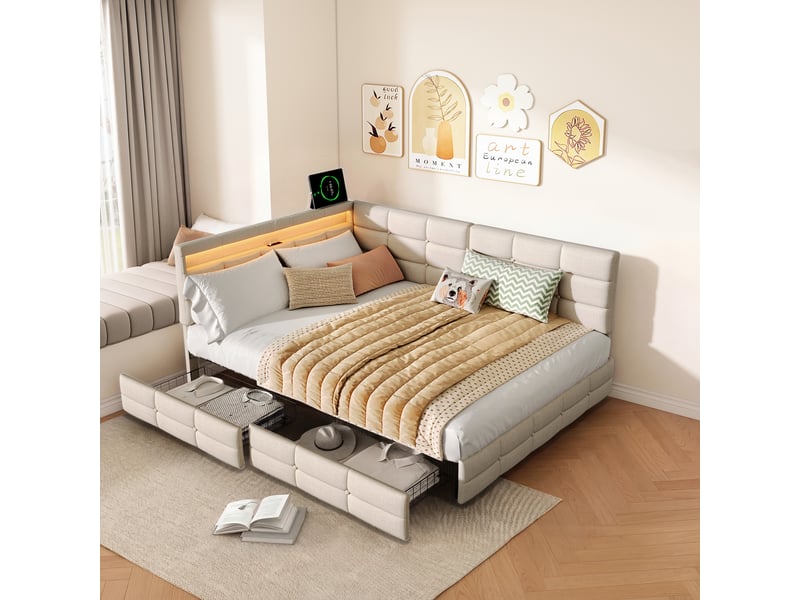  Lit double adulte 140x200 cm, tête de lit en forme de l réglable, 2 tiroirs de rangement, led et ports usb, tissu en lin, beige  - Conforama B