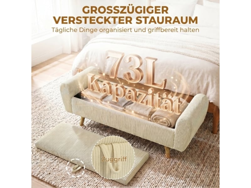  Banc coffre beige rembourré effet côtelé, pieds en bois et accoudoirs roulés, avec rangement  - Conforama E
