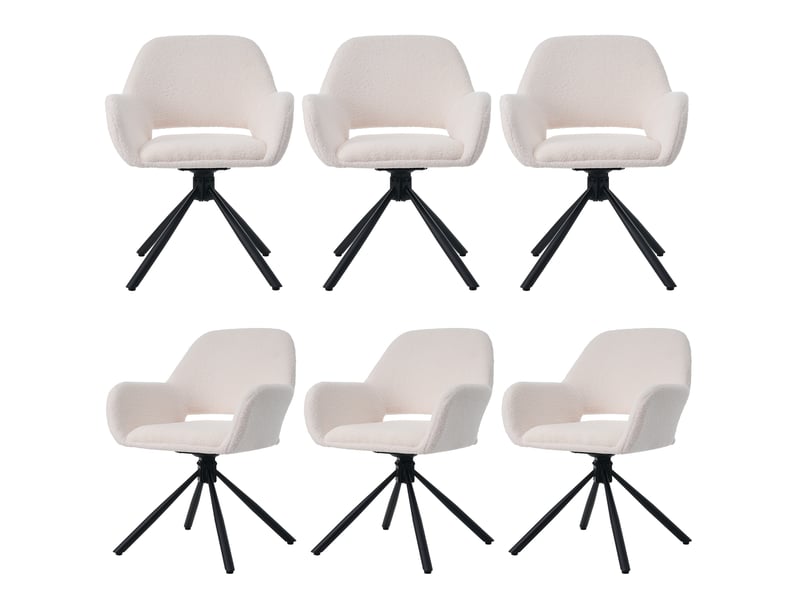 Lot de 6 chaises de salle à manger 60x60x80 cm, accoudoirs, pivotantes, tissu sherpa, métallique, bois, blanc  - Conforama A