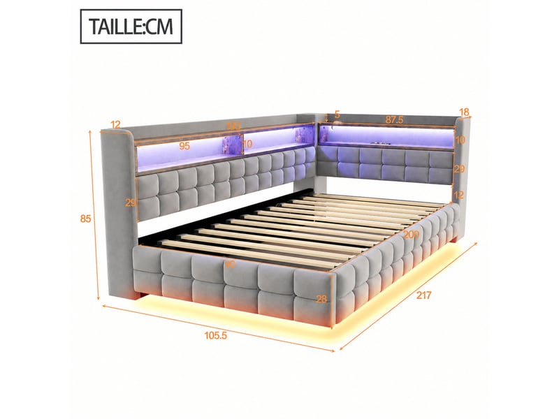  Lit banquette 1 place avec coffre hydraulique, étagères, led, usb et type-c, 200×90 cm, sans matelas, gris clair  - Conforama D