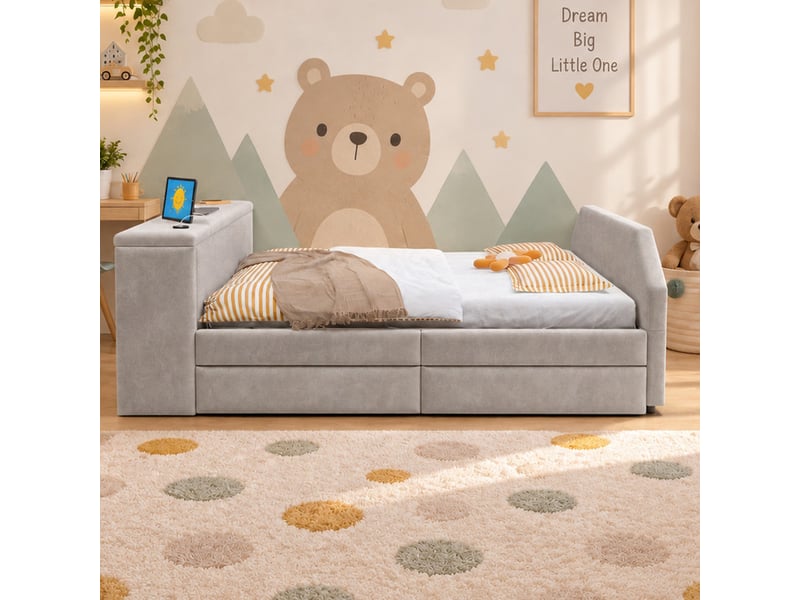 Lit pour enfant rembourré 140x200 cm – avec port de charge usb – avec lit gigogne – velours – gris (matelas non inclus) - Conforama R